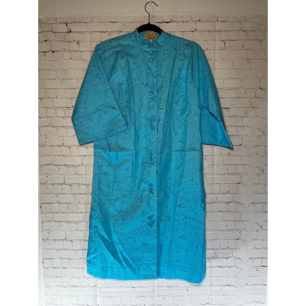 Vintage 60s 70s Bullock's Wilshire Turquoise Hostess Robe Cotton Lounge Coat S‎
